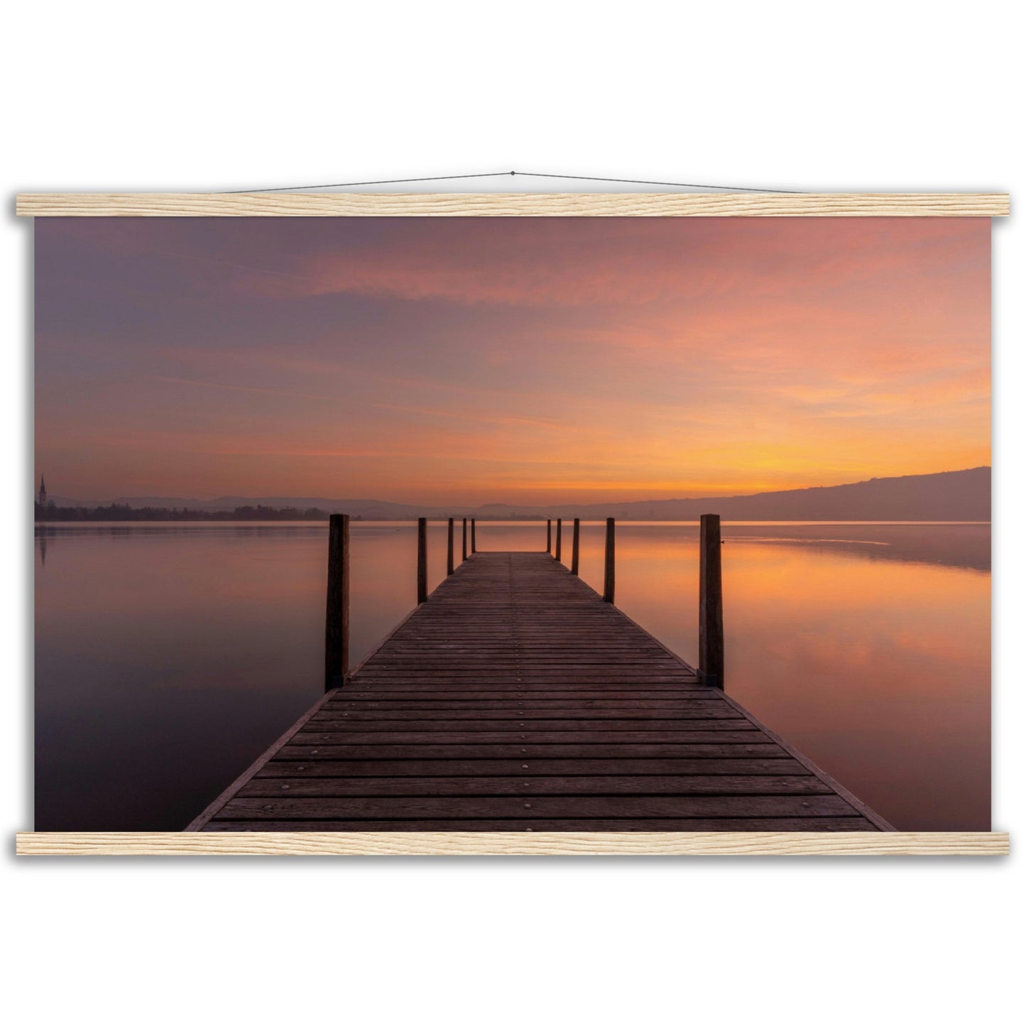 Idyllic wooden jetty on Lake Zug - premium poster with wooden bars