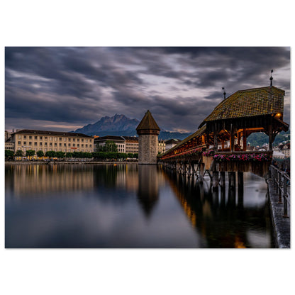 Chapel Bridge Lucerne with Pilatus in the evening - Premium Poster