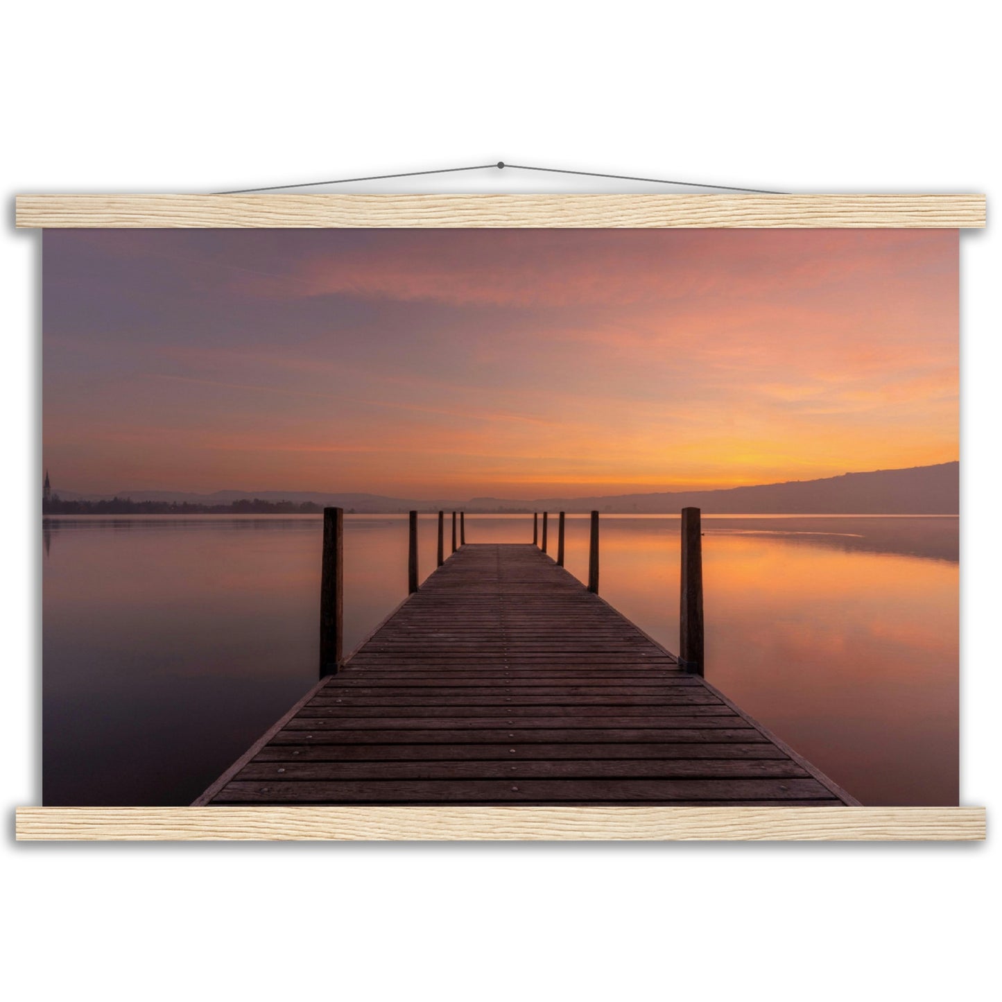 Idyllic wooden jetty on Lake Zug - premium poster with wooden bars