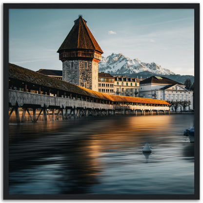 Framed poster Chapel Bridge Lucerne and Pilatus - Dusk