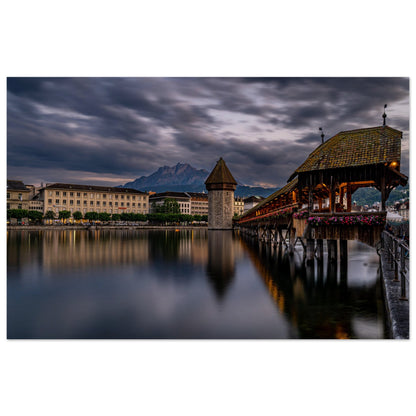 Chapel Bridge Lucerne with Pilatus in the evening - Premium Poster