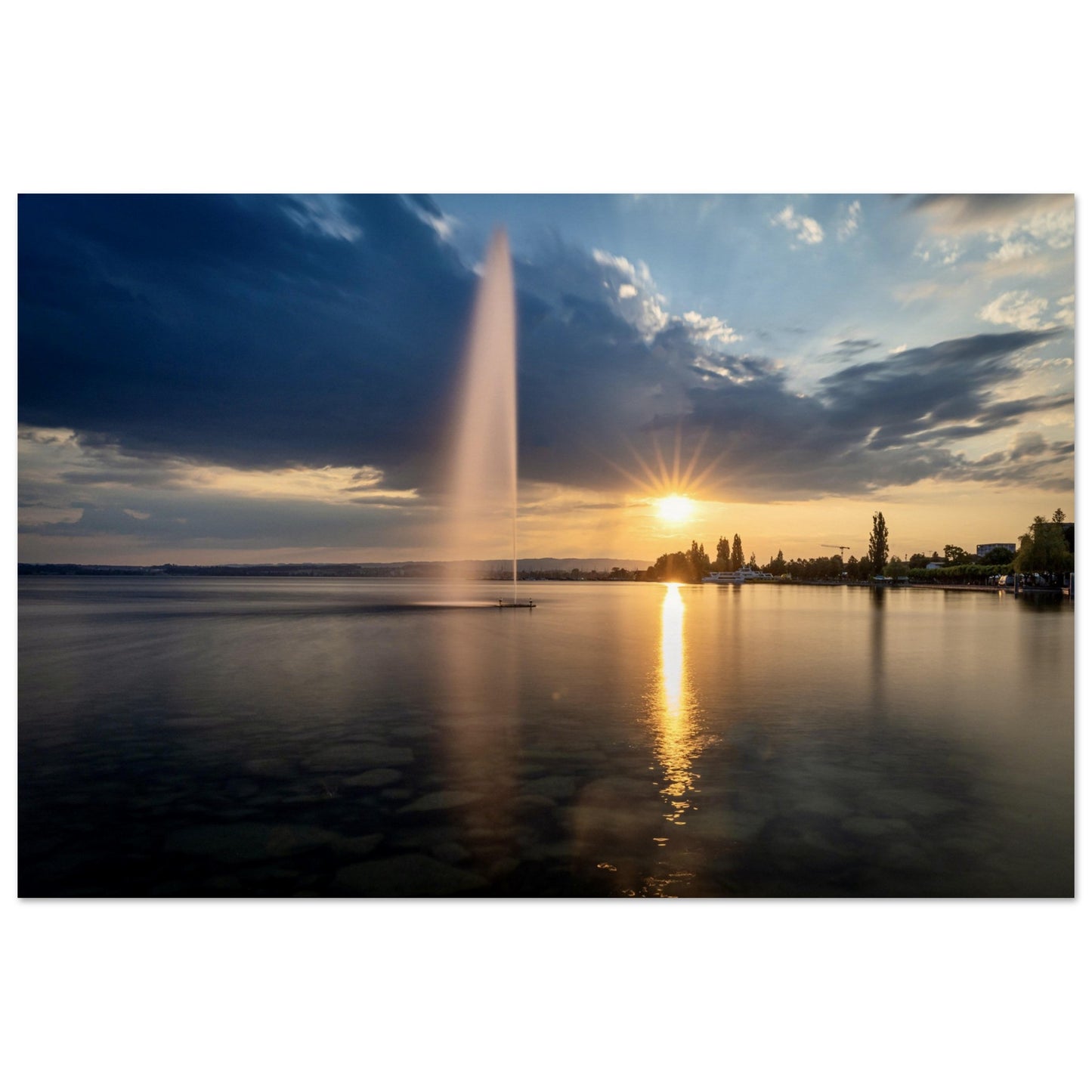 Water fountain on Lake Zug at sunset - Premium Poster