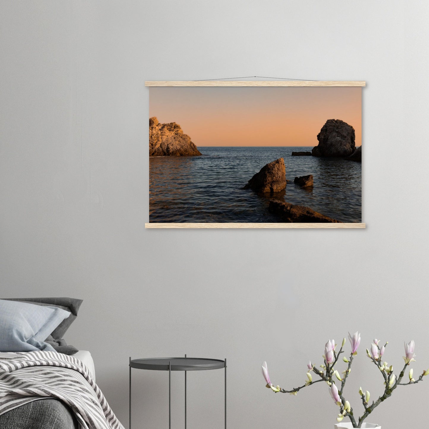 Romantic bay by the sea in orange premium poster with wooden frames