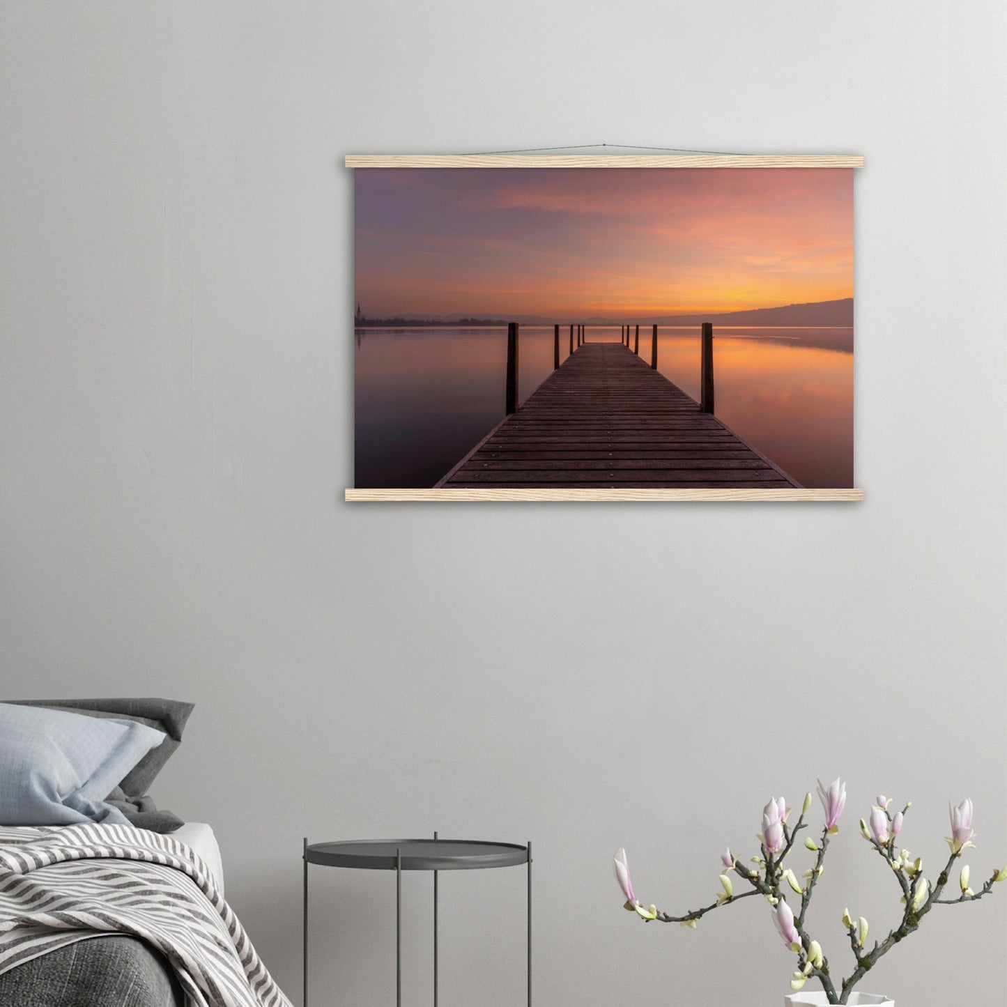 Idyllic wooden jetty on Lake Zug - premium poster with wooden bars