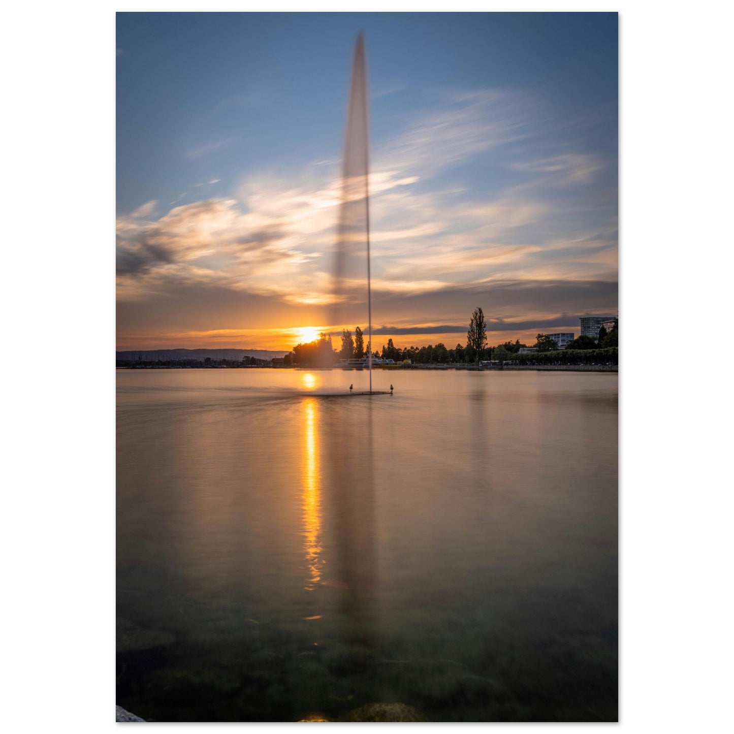 Water fountain in Lake Zug at sunset - poster