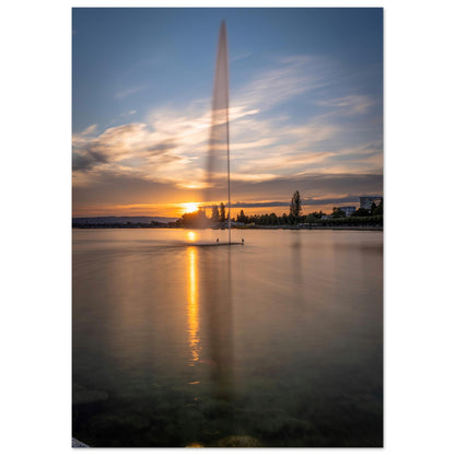 Water fountain in Lake Zug at sunset - poster