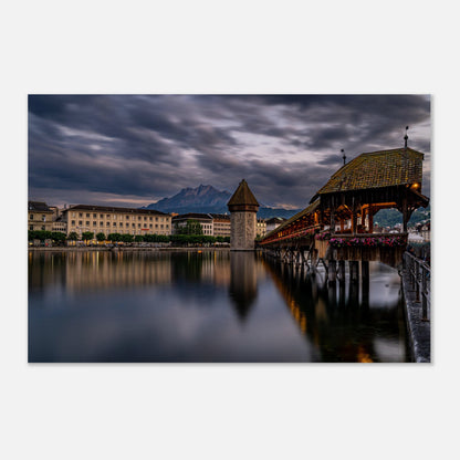 Chapel Bridge Lucerne with Pilatus in the evening - Premium Poster