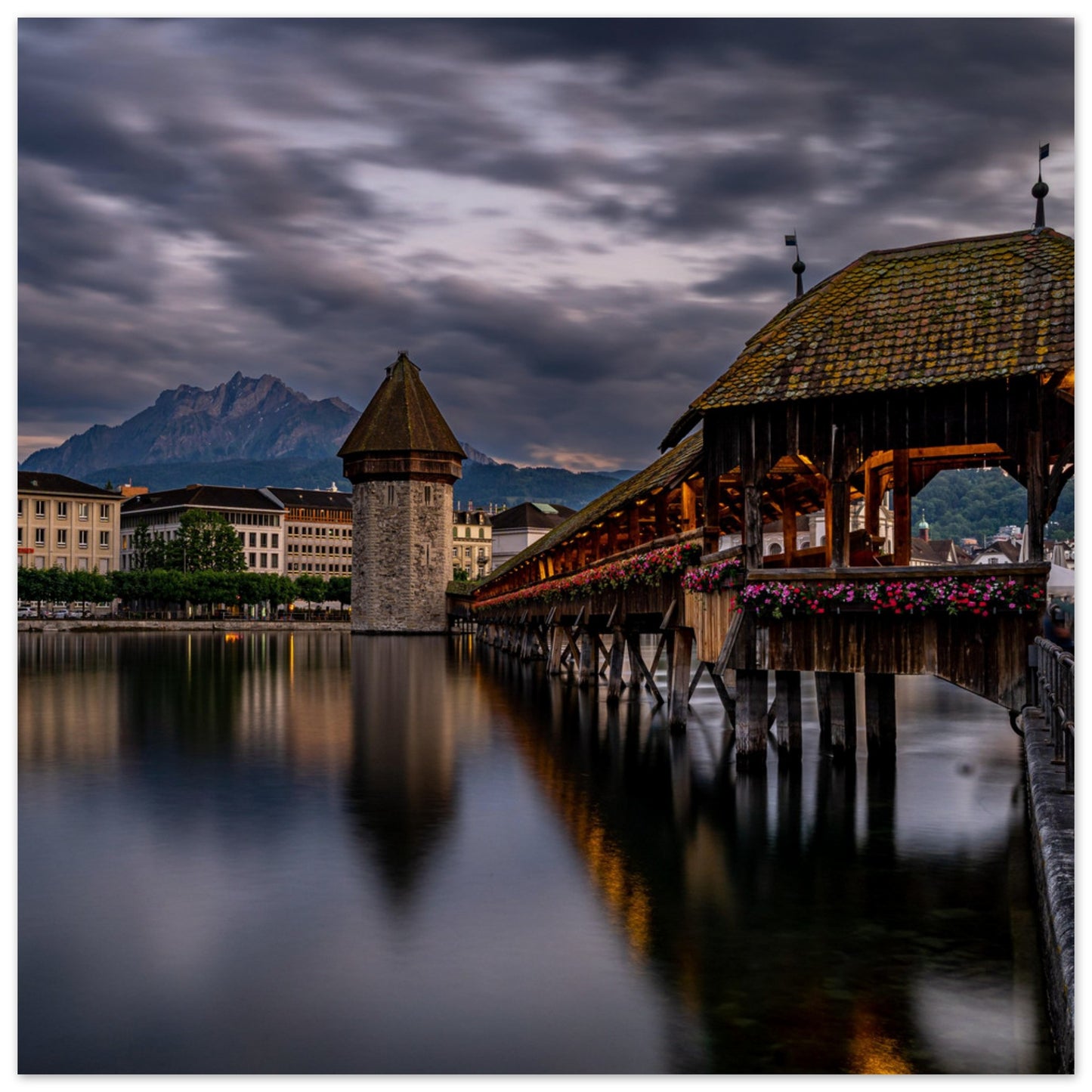 Chapel Bridge Lucerne with Pilatus in the evening - Premium Poster