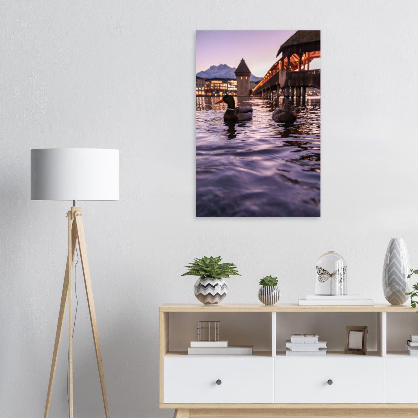 Harmony in winter light, ducks, Chapel Bridge and snowy Pilatus Forex print