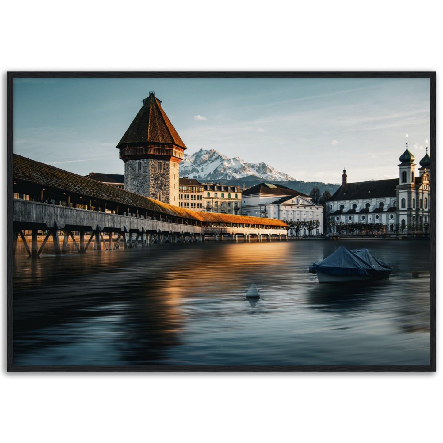 Framed poster Chapel Bridge Lucerne and Pilatus - Dusk