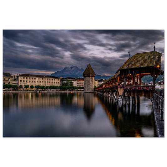 Chapel Bridge Lucerne with Pilatus in the evening as a Forex print