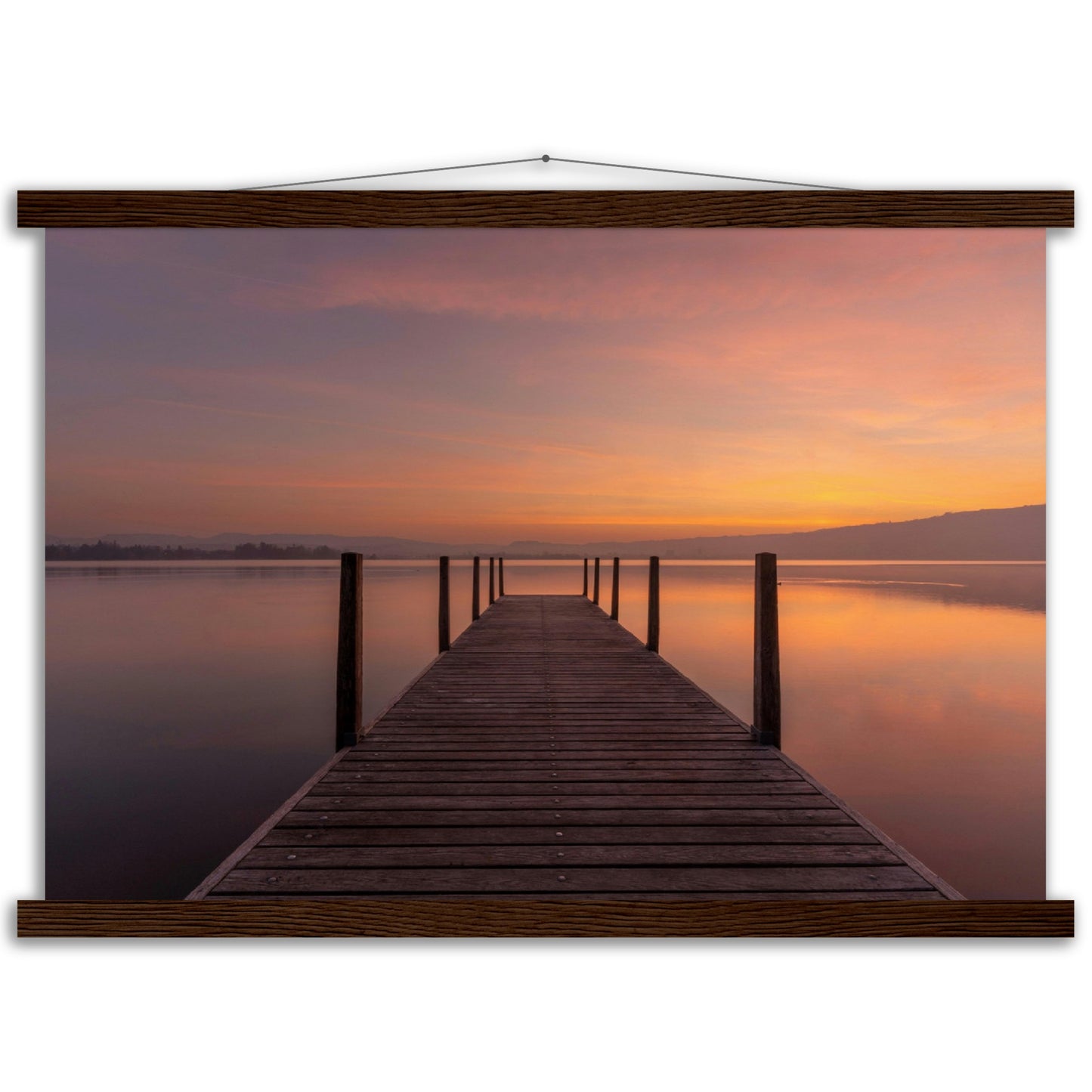 Idyllic wooden jetty on Lake Zug - premium poster with wooden bars