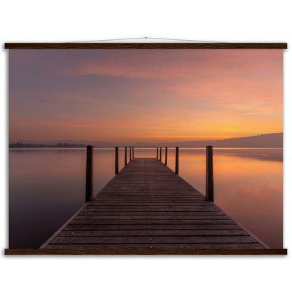 Idyllic wooden jetty on Lake Zug - premium poster with wooden bars