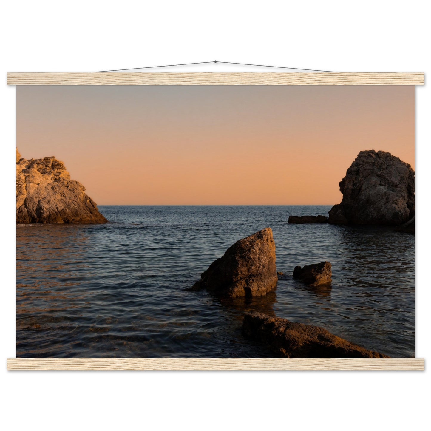 Romantic bay by the sea in orange premium poster with wooden frames