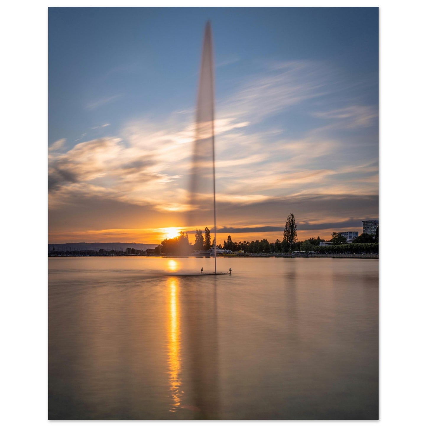 Water fountain in Lake Zug at sunset - poster