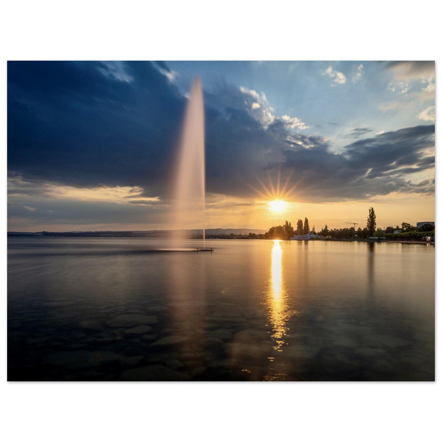 Water fountain on Lake Zug at sunset - Premium Poster