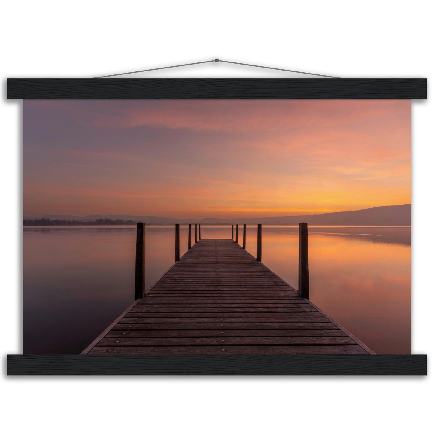 Idyllic wooden jetty on Lake Zug - premium poster with wooden bars