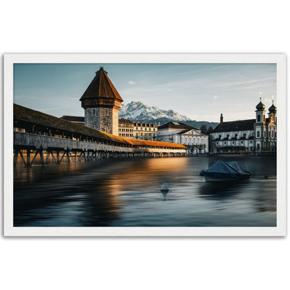 Framed poster Chapel Bridge Lucerne and Pilatus - Dusk