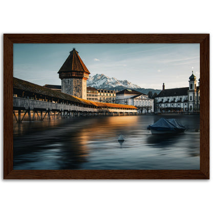 Framed poster Chapel Bridge Lucerne and Pilatus - Dusk