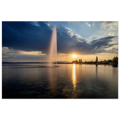 Water fountain on Lake Zug at sunset - Premium Poster