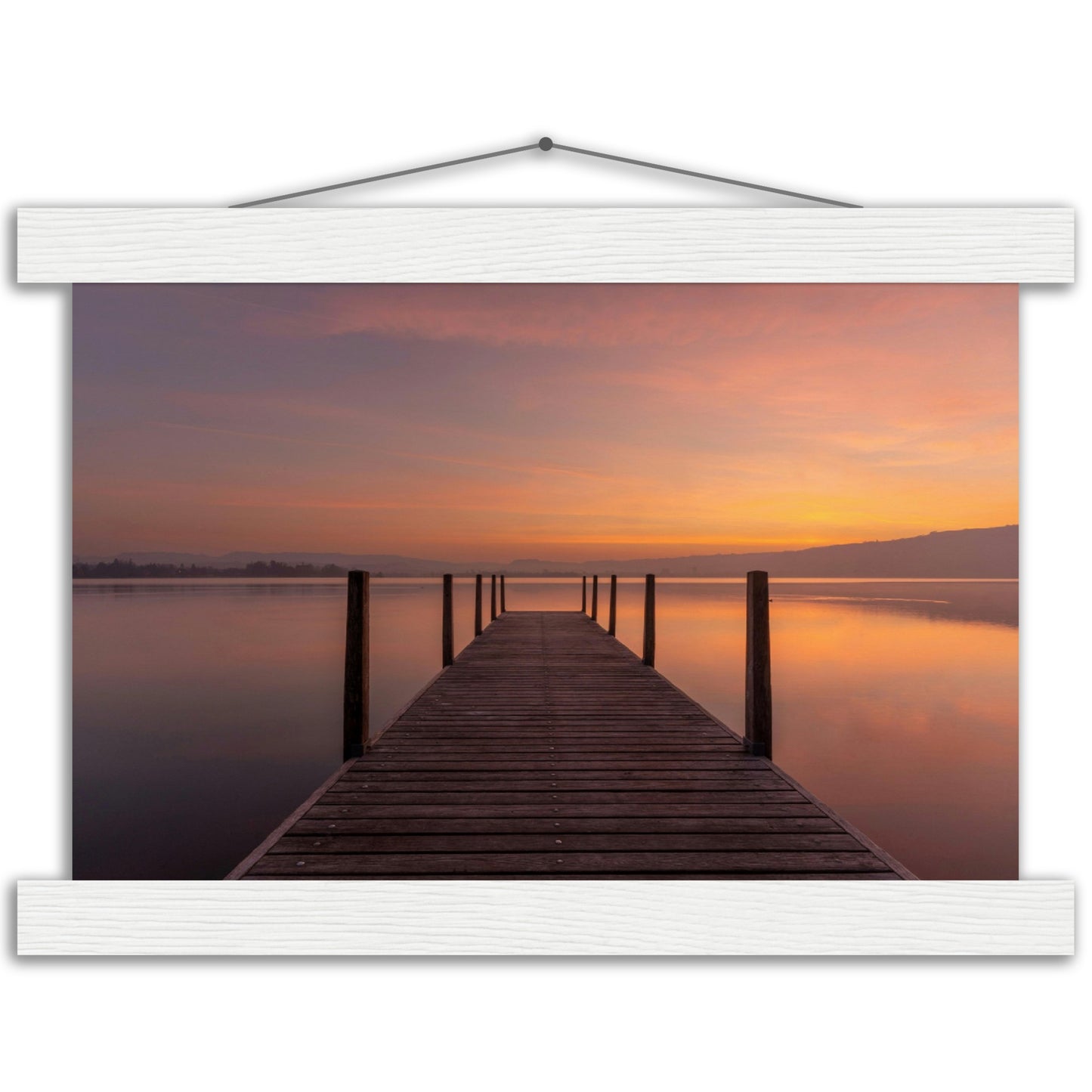 Idyllic wooden jetty on Lake Zug - premium poster with wooden bars