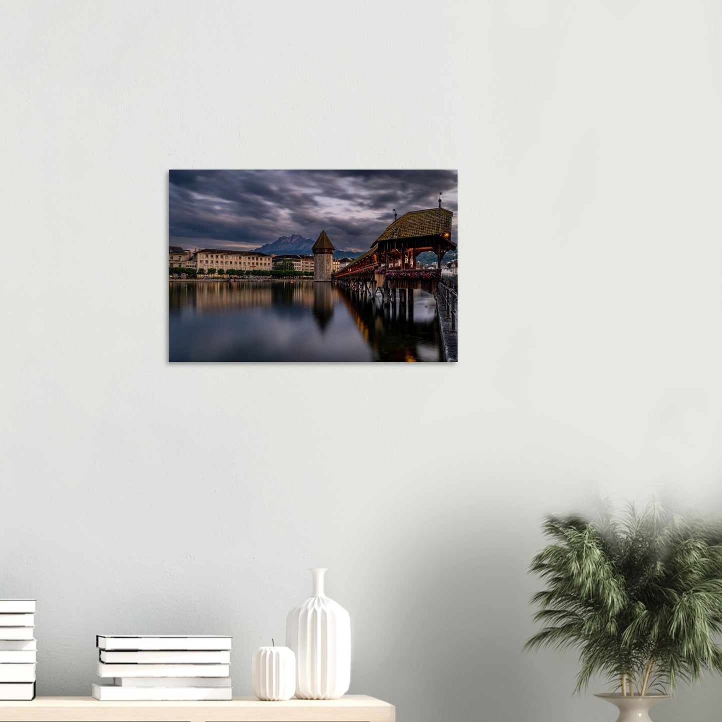 Chapel Bridge Lucerne with Pilatus in the evening - Premium Poster