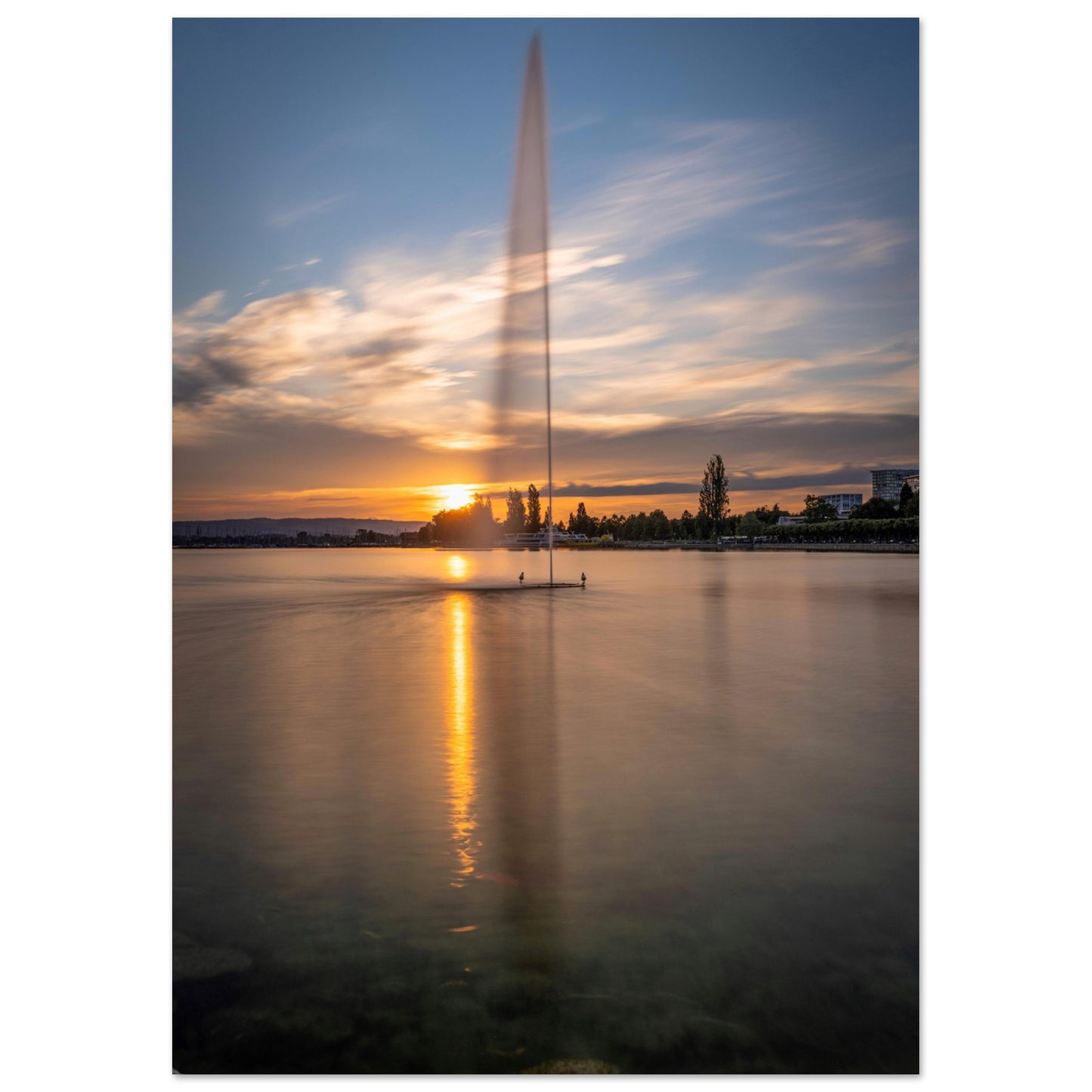 Water fountain in Lake Zug at sunset - poster