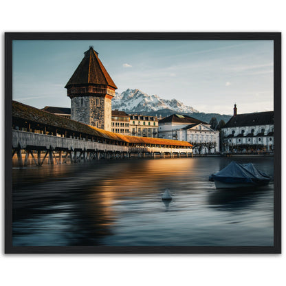 Framed poster Chapel Bridge Lucerne and Pilatus - Dusk