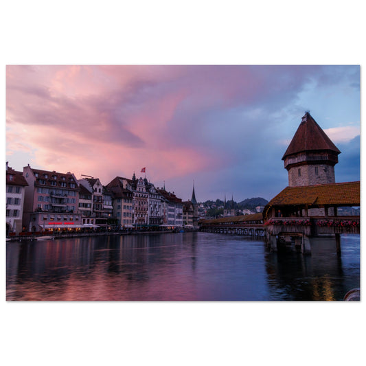 Idyllic sunset with Chapel Bridge, Lucerne - Premium Poster