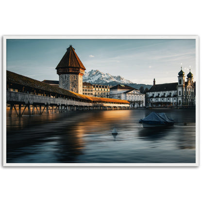 Framed poster Chapel Bridge Lucerne and Pilatus - Dusk
