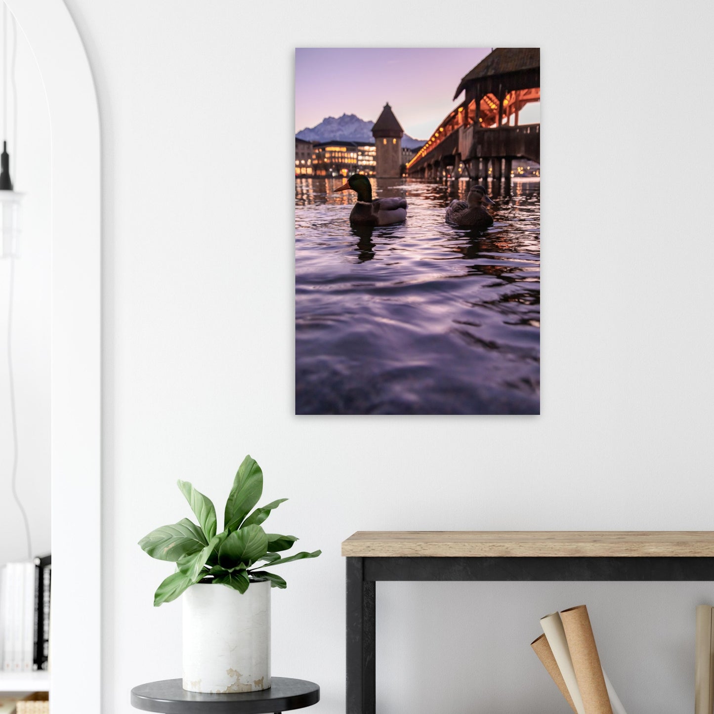 Harmony in winter light, ducks, Chapel Bridge and snowy Pilatus Forex print