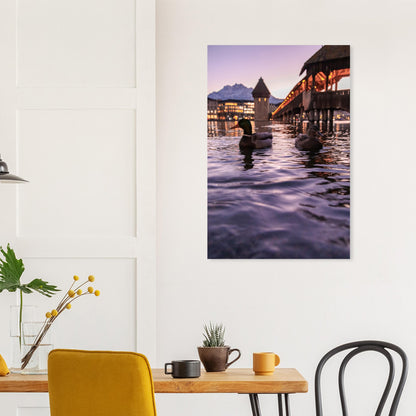 Harmony in winter light, ducks, Chapel Bridge and snowy Pilatus Forex print