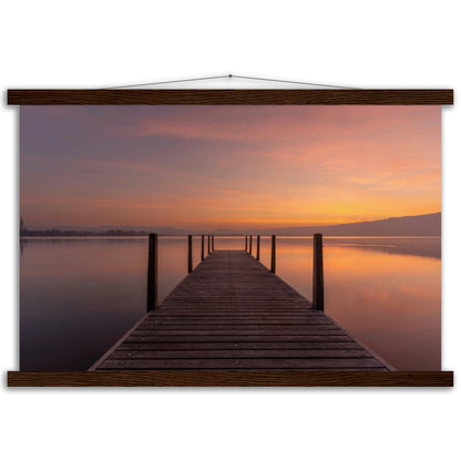 Idyllic wooden jetty on Lake Zug - premium poster with wooden bars