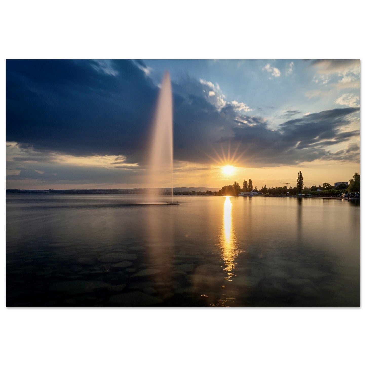 Water fountain on Lake Zug at sunset - Premium Poster