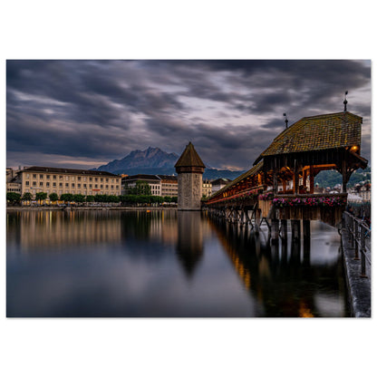 Chapel Bridge Lucerne with Pilatus in the evening - Premium Poster