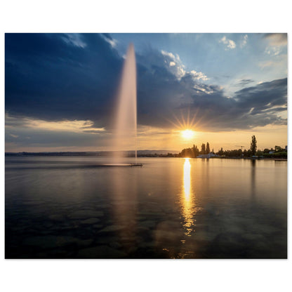 Water fountain on Lake Zug at sunset - Premium Poster