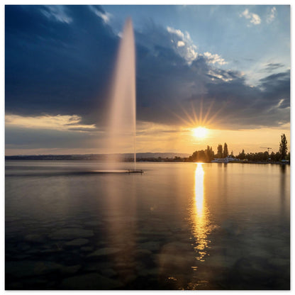 Water fountain on Lake Zug at sunset - Premium Poster