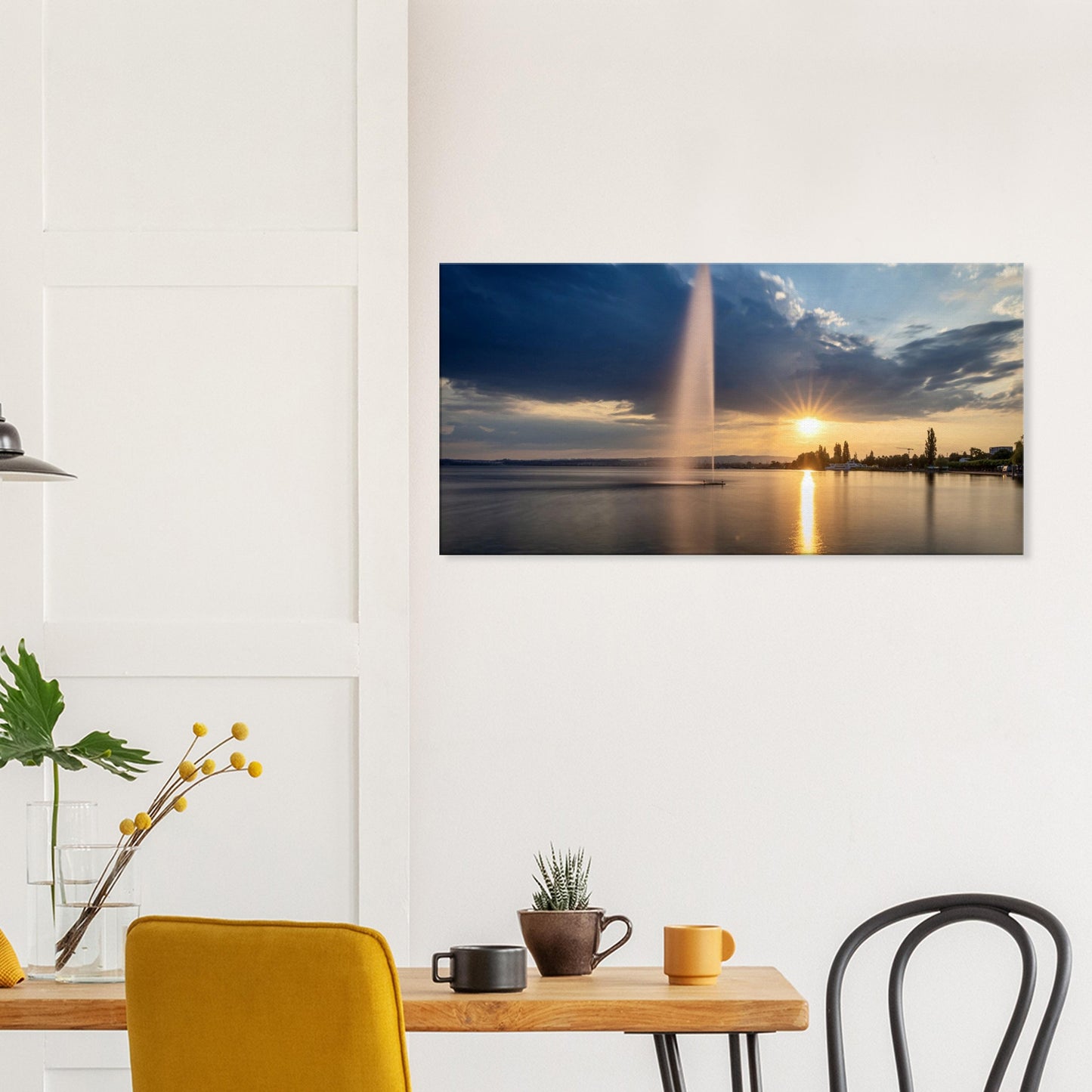 Canvas water fountain on Lake Zug at sunset