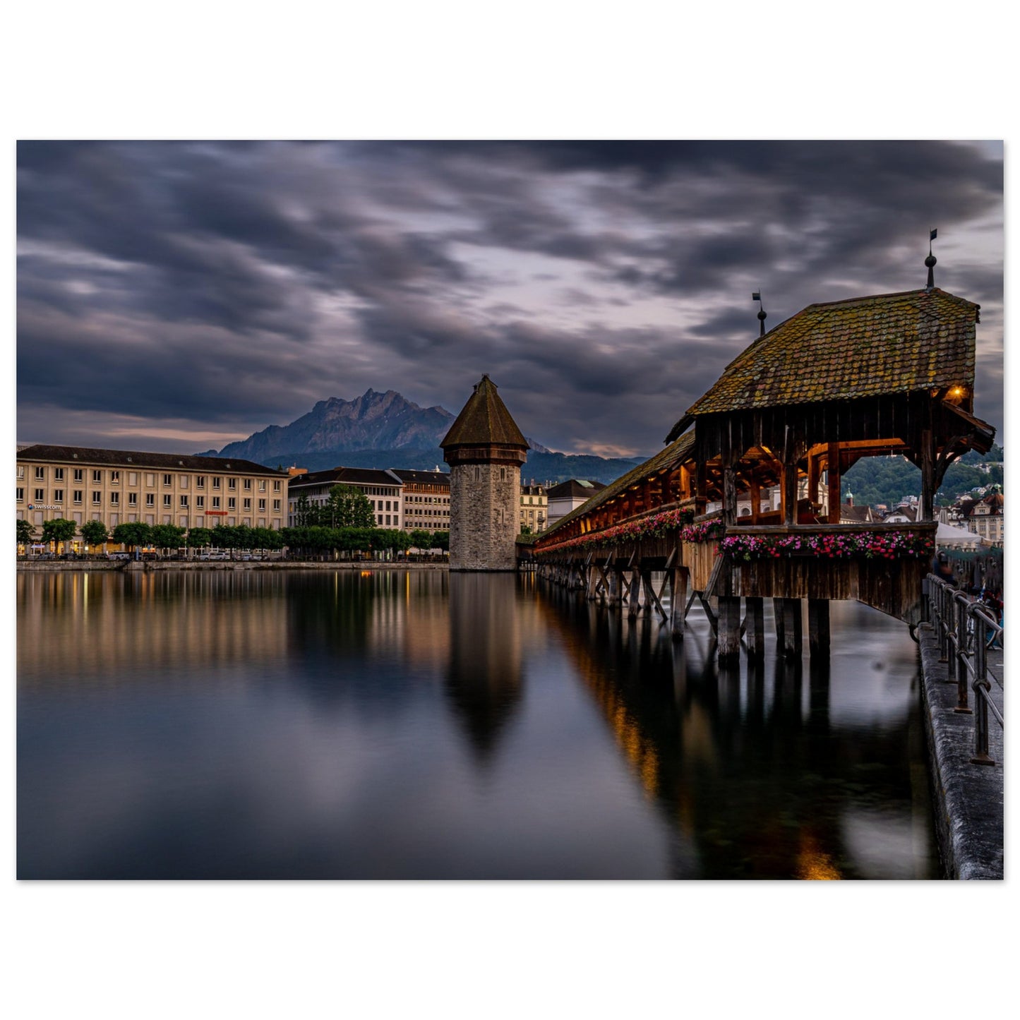 Chapel Bridge Lucerne with Pilatus in the evening - Premium Poster