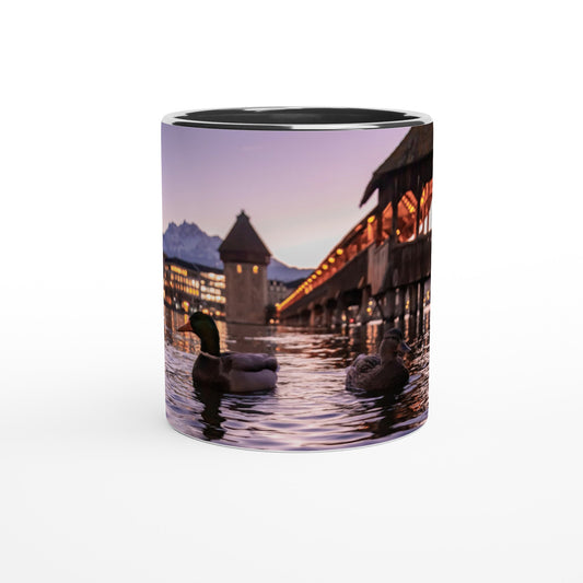 Harmony in winter light, ducks, chapel bridge and snowy Pilatus ceramic mug - Various colors