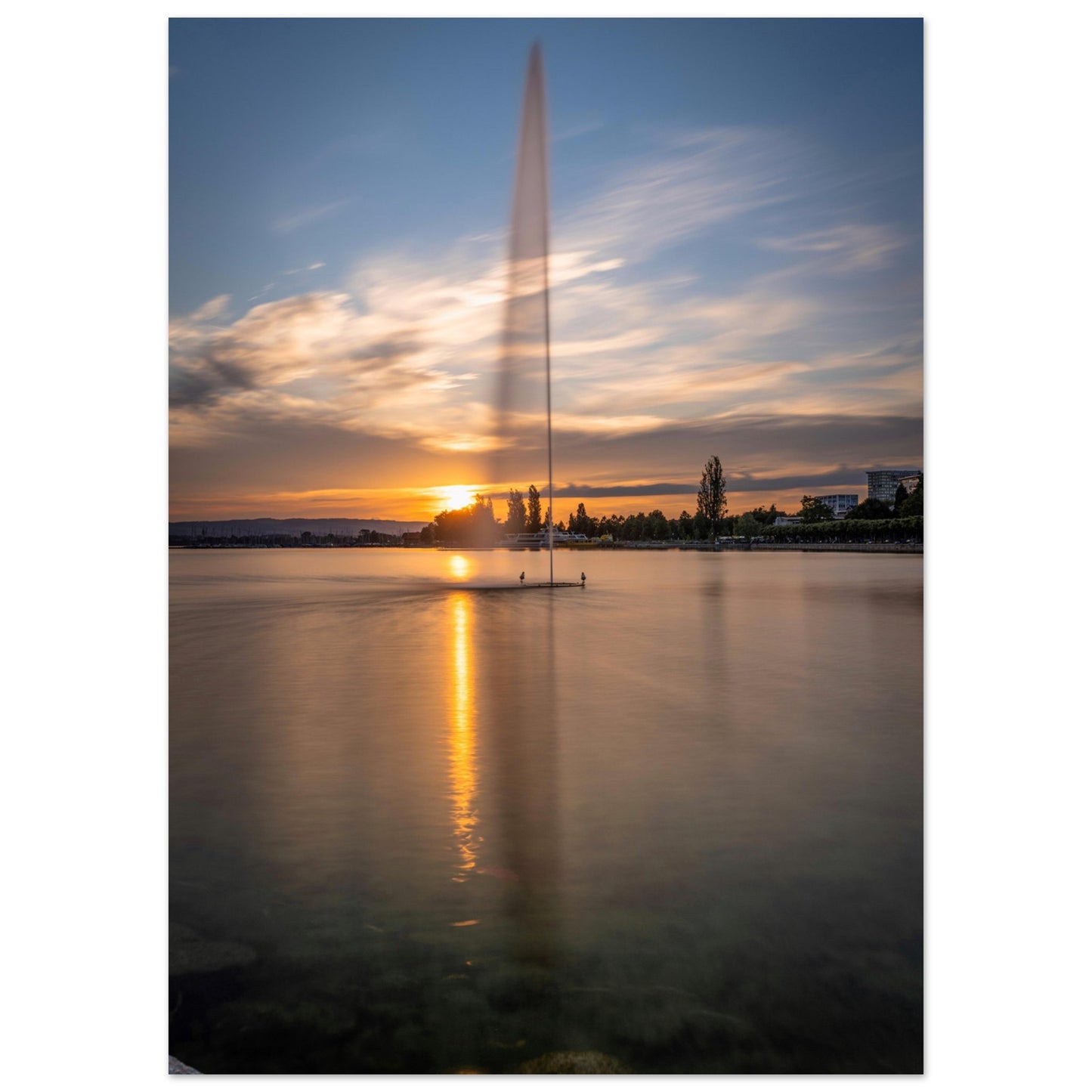 Water fountain in Lake Zug at sunset - poster