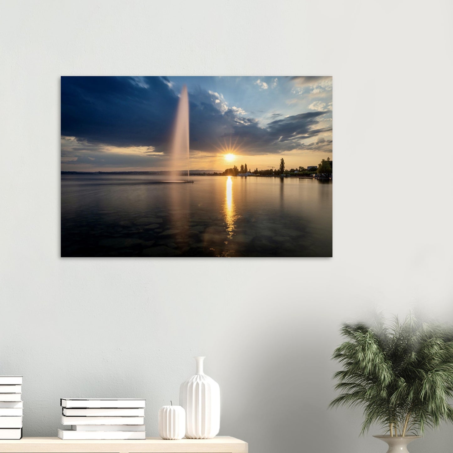 Water fountain on Lake Zug at sunset - Premium Poster