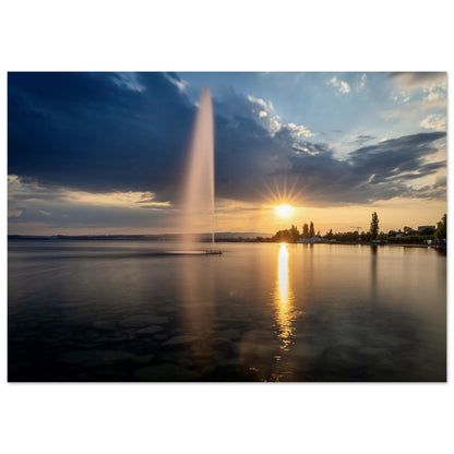 Water fountain on Lake Zug at sunset - Premium Poster