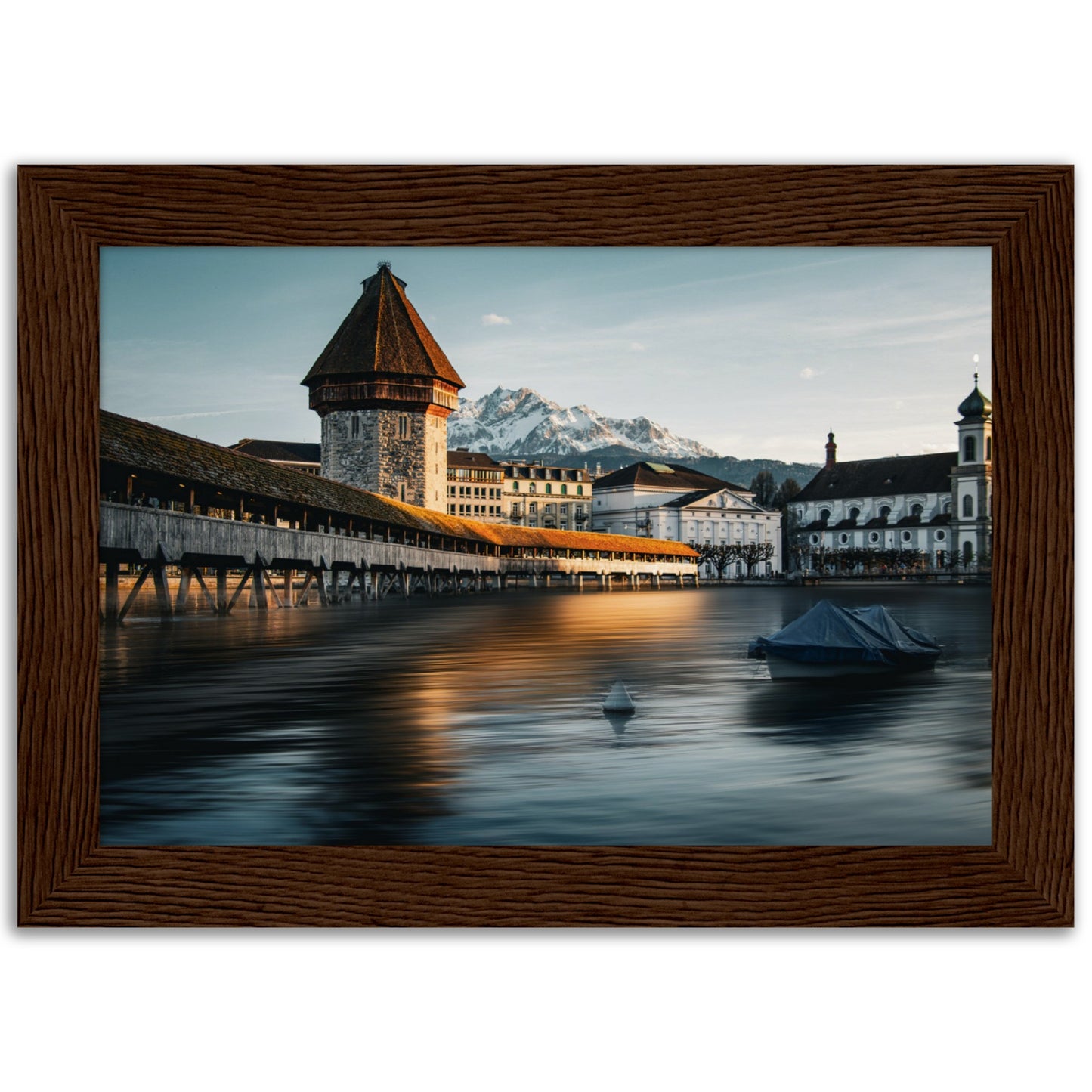 Framed poster Chapel Bridge Lucerne and Pilatus - Dusk