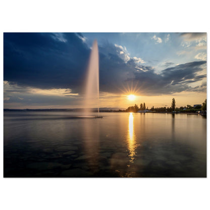 Water fountain on Lake Zug at sunset - Premium Poster