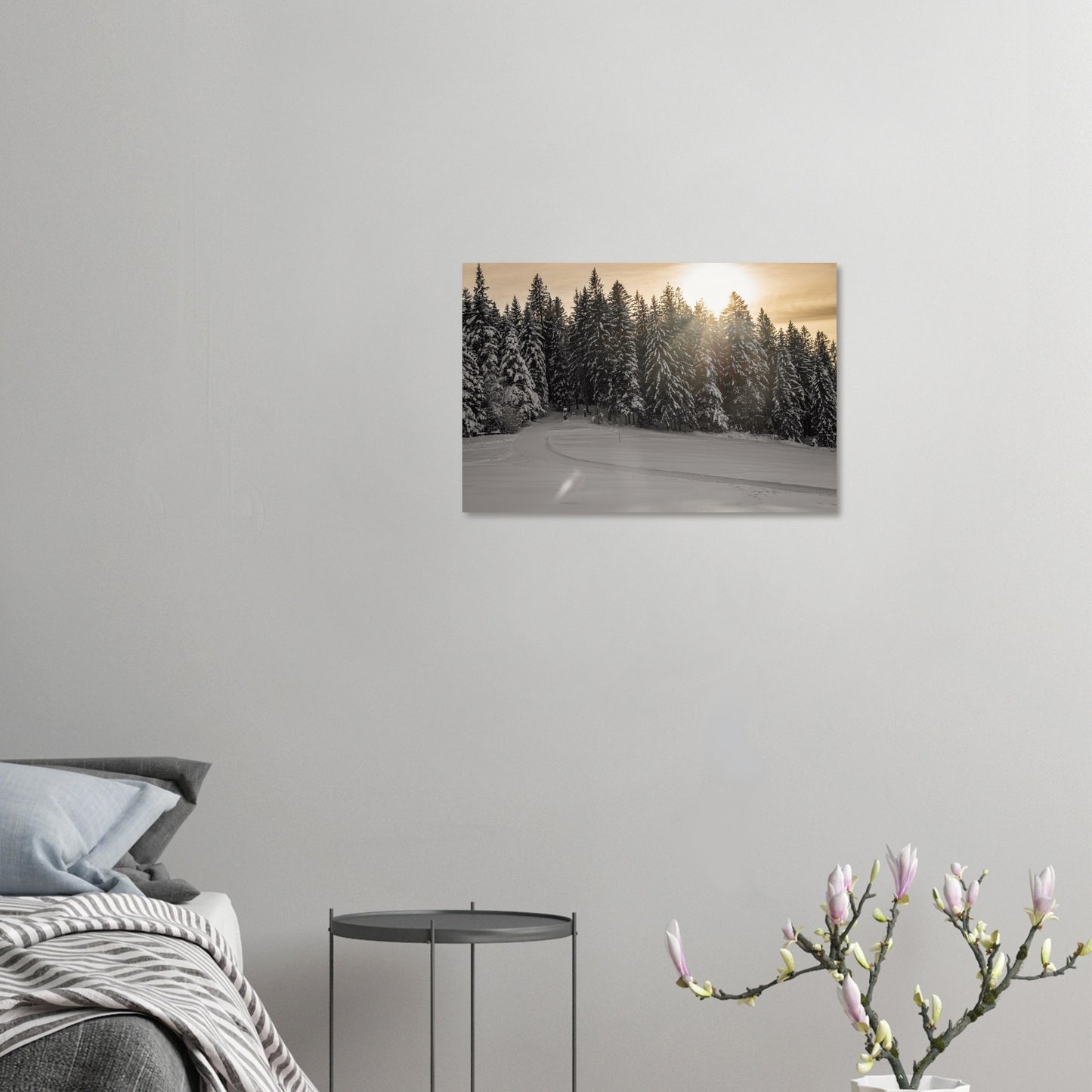 Sun rays over snowy forest - Premium Poster 