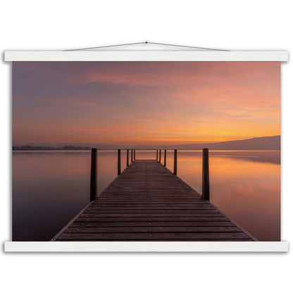 Idyllic wooden jetty on Lake Zug - premium poster with wooden bars