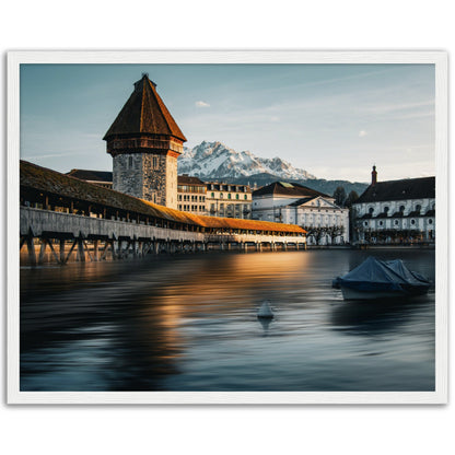 Framed poster Chapel Bridge Lucerne and Pilatus - Dusk