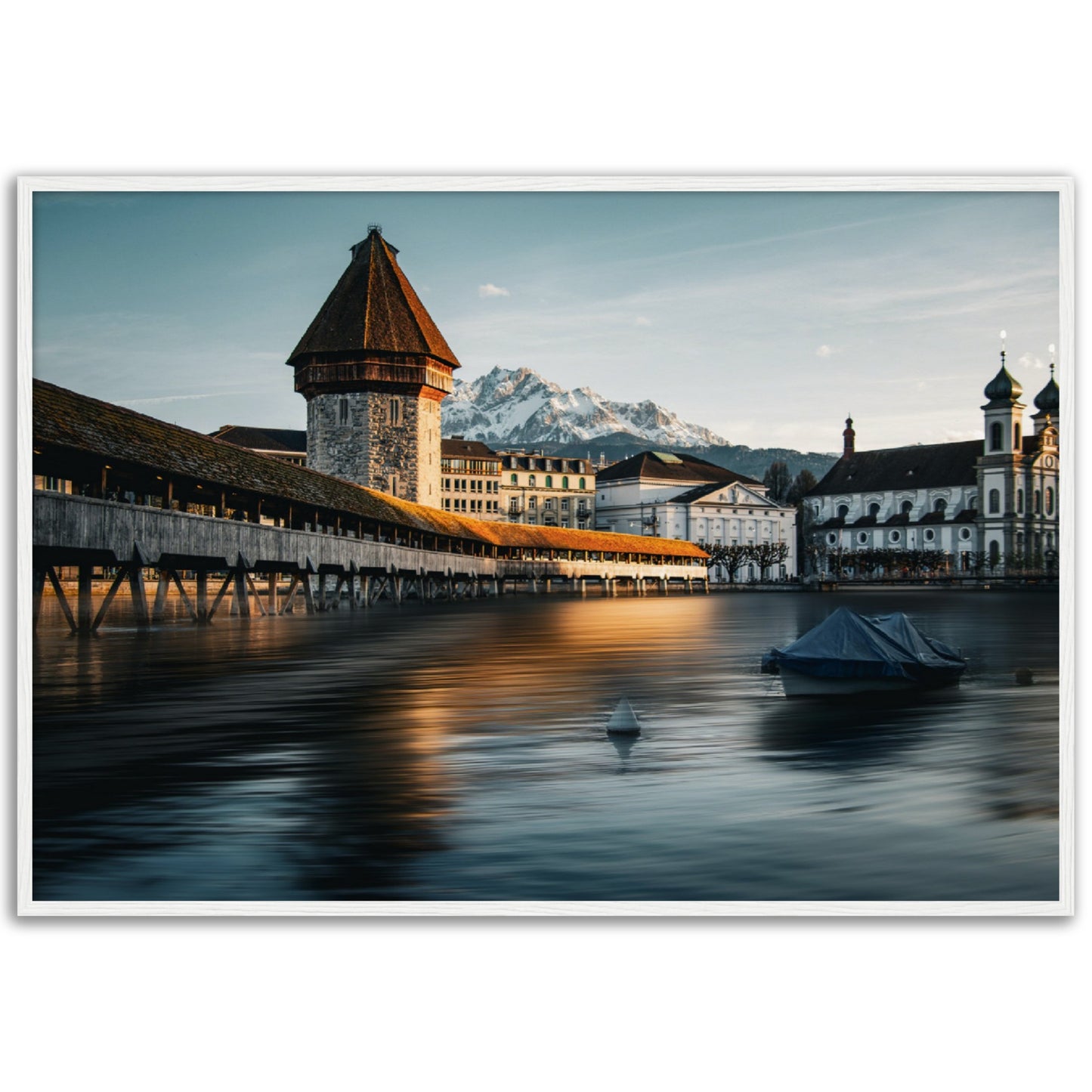 Framed poster Chapel Bridge Lucerne and Pilatus - Dusk