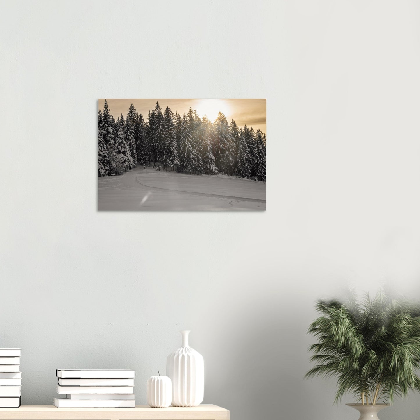 Sun rays over snowy forest - Premium Poster 